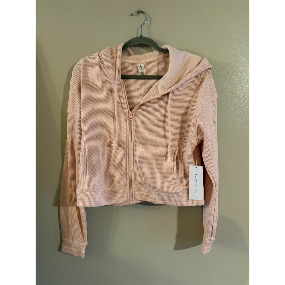 Yogalicious Dreamy Drift Jacket Waffle Knit Cropped Full Zip Hoodie Pink Medium